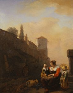 Um camponês e duas crianças descansando em frente de uma Torre em Itália (óleo sobre tela) de Philips Wouwermans or Wouvermans