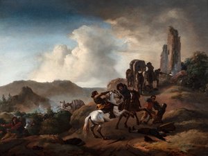 Bandidos emboscando viajantes num caminho numa paisagem italianizada, c.1640-50 (óleo sobre painel)