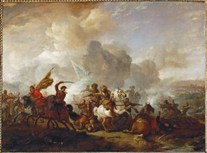 Escaramuça de cavalos entre orientais e imperiais ... de Philips Wouwermans or Wouwerman