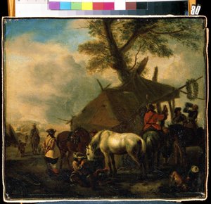 O local de rega. Pintura por Philips Wouwerman (1619-1668). Óleo sobre madeira