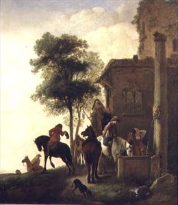 Viajantes regando seus cavalos fora de uma pousada (óleo sobre painel)