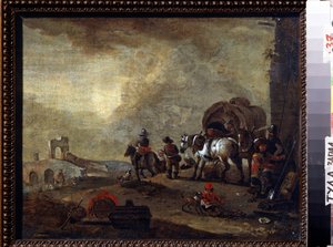 Viajantes a caminho. Pintura de Philips Wouwerman (1619-1668). Óleo sobre tela, 33,5 x 41,5 cm. Arte flamenga, estilo barroco. Museu de Arte do Estado, Tula (ou Tolan), Rússia.