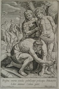 São Sebastião é amarrado a uma árvore por dois soldados de Philips van Mallery