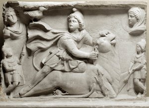 Civilização dos Fenícios: cena de sacrifício retratando a divinita Mithra (Mythra ou Mitra) imola o touro. Século II ou III d.C. Meias de mármore em relevo. Paris, Museu do Louvre