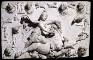 Antiguidades Orientais: Mithra a matar o touro (vem do Mithraeum de Sidon). Mármore em baixo relevo de Sayda, século II-3º (período greco-romano, Reino Fenício). Paris, Museu do Louvre