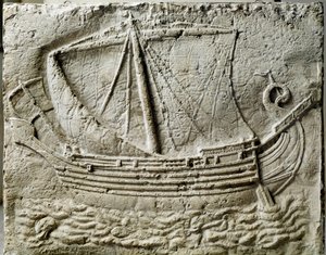 Arte fenícia: baixo relevo de sarcófago representando um navio mercante - Do antigo porto de Sidon (Saidoon) no Líbano - Paris, musee du Louvre - Um navio mercante fenício - Detalhe em relevo de um sarcófago de pedra encontrado em Sidon (Líbano) - Museu do
