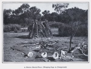 Um lugar de enterramento nativo, com tampas de choro em primeiro plano (foto a p/b) de Photographer Australian