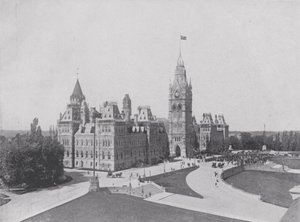 The Central Block, Edifícios do Parlamento, Ottawa (foto a p/b) de Photographer Canadian