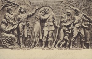 O adeus, relevo sobre o Nationaldenkmal, monumento comemorativo da unificação da Alemanha, Rudesheim am Rhein, Hesse (foto a p/b) de Photographer German