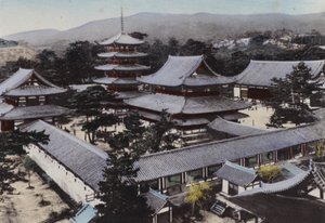 Japão, c.1912: Horyu-ji, o templo budista mais antigo do Japão, construído há cerca de 1300 anos, Yamato (foto)