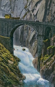 Carruagem a atravessar a Teufelsbrucke sobre o desfiladeiro de Schollenen, na Suíça. Postal enviado em 1913.