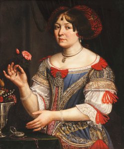 Retrato de uma senhora, três quartos, em um vestido bordado azul e vermelho