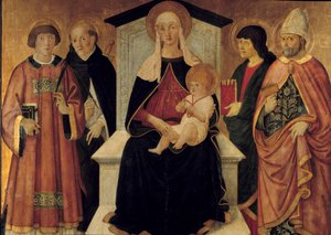 A Virgem e o Menino A Virgem está rodeada por São Lourenço diácono, São Pedro, São João, São Blaise de Sebaste. Altarpiece by Pier Francesco Fiorentino (activo por volta de 1475-1500) 1490. Sol. 132x143 m. Avignon, Musee du Petro Palais.
