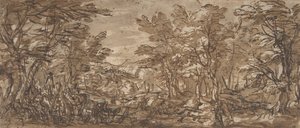 Forest Scene, a Halt at the Left, a Hunt at the Center, 1612-66. de Pier Francesco Mola