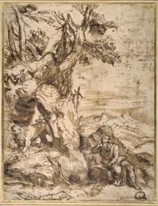 Leitura de São Jerônimo no deserto, depois de Ticiano (c.1488-1576) (caneta de junco e tinta marrom com lavagem marrom em papel creme)
