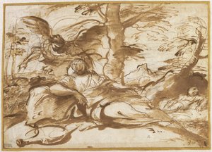 O Anjo Aparecendo a Hagar no Deserto (reto) de Pier Francesco Mola