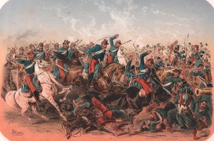 Cena de batalha, Guerra da Crimeia, litografia a cores, 29x20 cm, de Episodes de la guerre d