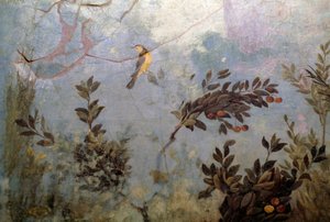 Pássaro, detalhe de um afresco retratando um jardim com árvores e pássaros, da Casa de Livia na colina Palatine, Roma, Itália. A civilização romana
