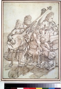"Caricatura representando um concerto de cinco músicos (quinteto) com alaúde, violino, piano, violoncelo. Caneta e desenho a tinta por Pier Leone Ghezzi (1674-1755) Museu Pushkin do século XVIII, Moscovo