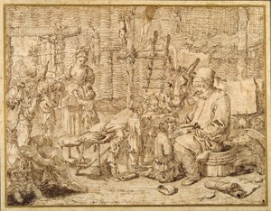 Polcinello mantém a escola em um celeiro (caneta e tinta sobre papel) de Pier Leone Ghezzi