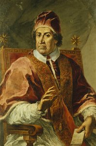 Retrato do Papa Clemente XI, sentado meio comprimento, vestindo mantos papais, segurando uma carta, de Pier Leone Ghezzi