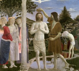 Batismo de Cristo, detalhe de Cristo, João Batista e anjos, 1450 têmpera de ovo no painel