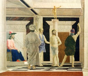 Flagelação de Cristo por Piero della Francesca (1412-1492), Tempera no painel, 58x81,5 cm, detalhe de Piero della Francesca
