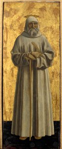 Políptica de Misericórdia: a Virgem de Misericórdia, rodeada de santos. Detalhe representando São Bento de Nursie. Pintura sobre madeira de Piero della Francesca (1415/20-1492) 1445-1460 Dim. 54x21 cm Sansepolcro, Pinacoteca Comunale de Piero della Francesca