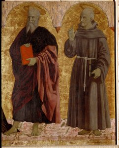 Políptica de Misericórdia: a Virgem de Misericórdia, rodeada de santos. Detalhe de Santo André e São Bernardino de Siena (Bernardino da Siena ou Bernardino degli Albizzeschi). de Piero della Francesca