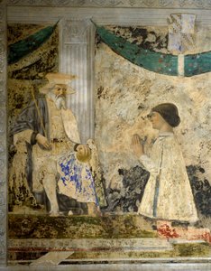 Retrato de Sigismondo (Sigismond) Pandolfo Malatesta (1417-1468) em oração diante de San Sigismondo (Sigismund). Fresco por Pietro di Benedetto dei Franceschi dit Piero della Francesca (1422-1492) de Piero della Francesca