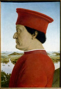 Retratos de Federico de Montefeltro, Duque de Urbino e Battista Sforza. Detalhe representando Federico da Montefeltro de Piero della Francesca