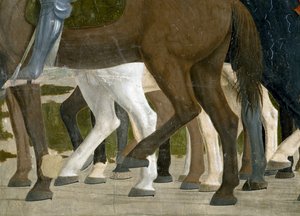 A lenda da verdadeira cruz, a vitória de Constantino na batalha da ponte de Milvian, detalhe dos pés de cavalos, completou 1464 afresco