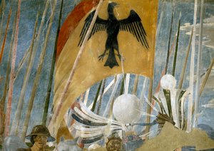 A lenda da verdadeira cruz, a vitória de Constantino na batalha da ponte de Milvian, detalhe da bandeira, concluída 1464 afresco de Piero della Francesca