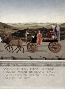 Triunfo de Battista Sforza, duquesa de Urbino. Battista e sua criada, duas virtudes teologais e uma freira são desenhadas em um carro triunfal por dois unicórnios marrons, depois de 1472 (têmpera no painel) (detalhe de Piero della Francesca