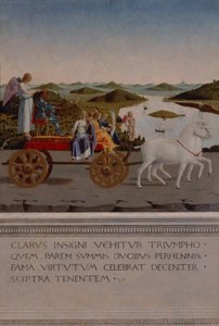 Triunfo de Federigo da Montefeltro, Duque de Urbino; Federigo e as quatro Virtudes Cardeais em um carro triunfal desenhado por unicórnios brancos, alados com a vitória segurando a coroa ducal, pintados depois de 1474 (pan de Piero della Francesca