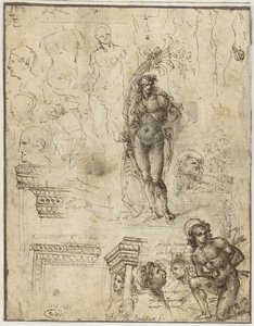Folha de Estudo com Cabeças, Figuras e Fragmentos Arquitetônicos Folha de estudo com cabeças, figuras e fragmentos arquitetônicos de Piero di Cosimo (attributed to)