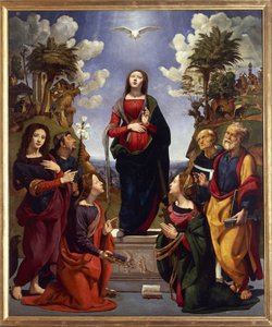 Imaculada concepção rodeada de santos, c.1500-05 (tempera grassa sobre madeira) de Piero di Cosimo