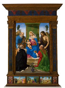 Madona e Menino entronizados com os santos Pedro, João Batista, Domingos e Nicolau de Bari de Piero di Cosimo