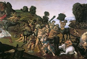 A Luta Entre os Lapiths e os Centauros, (detalhe de Centauros atacando os Lapiths) c.1490, (óleo sobre madeira) de Piero di Cosimo