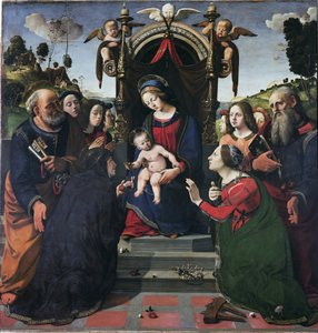 Virgem e Criança no trono rodeadas de santos (óleo e tempera no painel, cerca de 1493) de Piero di Cosimo