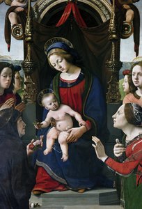 Virgem e Criança no trono rodeadas de santos, detalhe (óleo e tempera no painel, cerca de 1493) de Piero di Cosimo