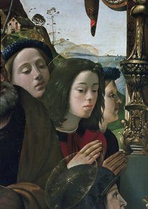 Virgem e Criança no trono rodeadas de santos, detalhe (óleo e tempera no painel, cerca de 1493) de Piero di Cosimo