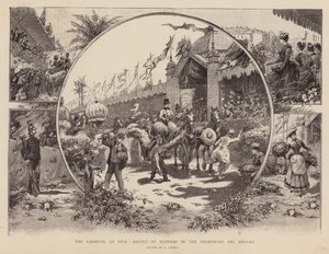 O carnaval de Nice, batalha das flores na Promenade des Anglais (gravura) de Pierra Comba
