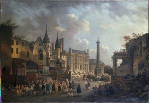 Espetáculo de feira num cruzamento imaginário em Paris, ca. 1770 (óleo sobre tela)