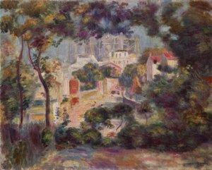 Os jardins de Montmartre com vista para o Sacré-Cœur em construção