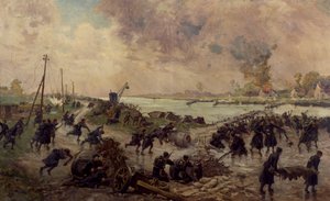 Tropas belgas em combate em Yser, Outubro de 1914, Primeira Guerra Mundial, Bélgica, século XX de Pierre Ernest and Neymark Gustave Ballue