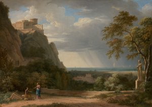 Paisagem clássica com figuras e esculturas