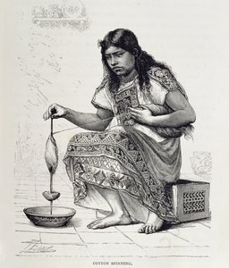 Fiação de algodão, de "The Ancient Cities of the New World", de Claude-Joseph-Desire Charnay, pub. 1887 (gravura) de Pierre (after) Fritel