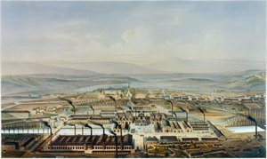Vista das oficinas Creusot e Chateau de la Verrerie, litografia após aquarela de Pierre Tremaux (1818-1895) de Pierre (after) Tremaux