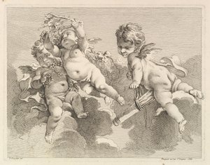 Três amores, um segurando uma aljava, o outro, uvas, 1727-60. de Pierre Alexandre Aveline